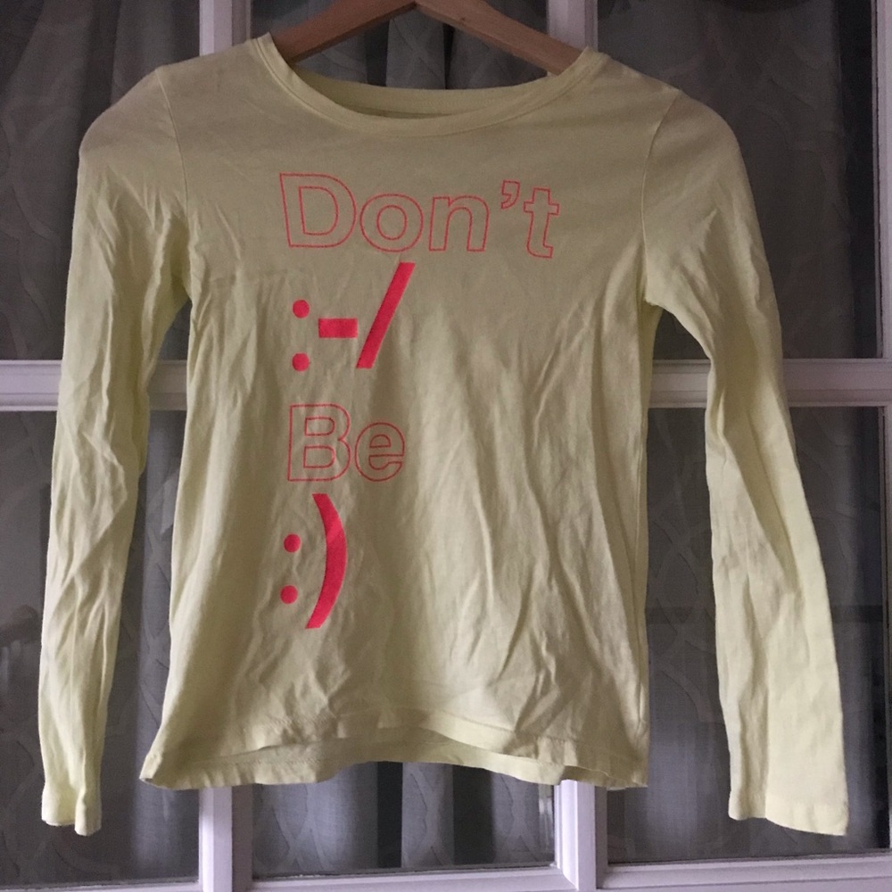 Gap Kids 100% cotton 8 yr pale yellow long sleeve top “Don’t worry, be happy”